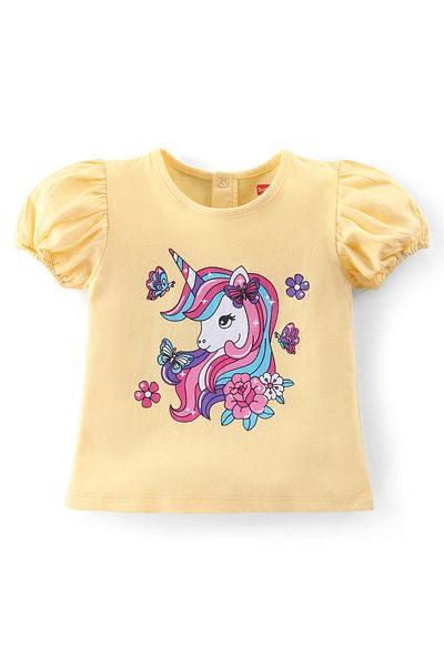 Babyhug Cotton Knit Half Sleeves Top & Denim Skirt Set With Unicorn Print - Yellow/Blue