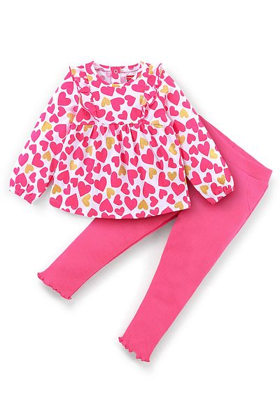 Babyhug 100% Cotton Knit Full Sleeves Top & Lounge Pant Heart Print - Pink