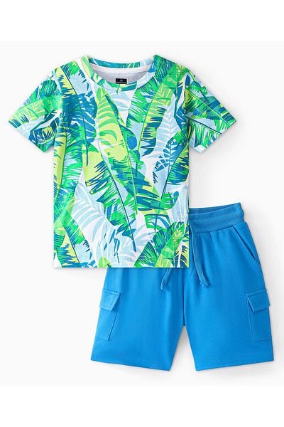 Ollington St. Ollington St. 100% Cotton Knit Half Sleeves T-Shirt & Denim Shorts Set with Leaf Print- White & Blue
