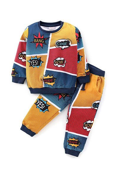 Babyhug 100% Cotton Terry Knit Full Sleeves T-Shirt & Lounge Pant/Co-ord Set Text Print - Multicolor