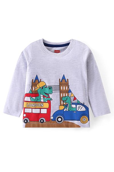 Babyhug Single Jersey Knit Full Sleeves T-Shirt & Lounge Pants Set With Dino Print - White & Navy