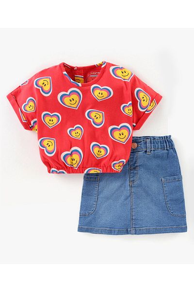 Babyhug Cotton Knit Drop Shoulder Sleeves Top & Denim Skirt Set With Hearts Print - Red & Blue