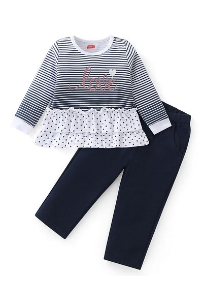 Babyhug - Striped Top  Jegging Pants Set With Text Print - Grey & Navy Blue