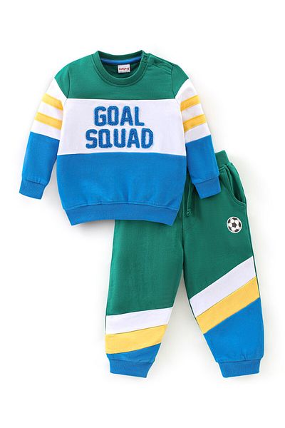 Babyhug 100% Cotton Knit Full Sleeves T-Shirts & Lounge Pant Sets Text Embroidery-Green Blue & White