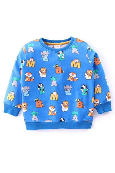 Babyhug Cotton Knit Full Sleeves T-Shirt & Lounge Pants Set Alphabets & Animals Print-Blue & Yellow