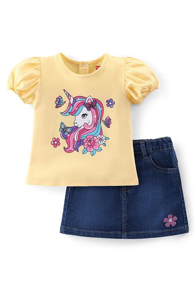 Babyhug Cotton Knit Half Sleeves Top & Denim Skirt Set With Unicorn Print - Yellow/Blue