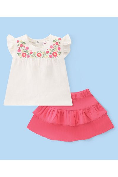 Babyhug Cotton Knit Half Sleeves Floral Print Top & Skirt Set - White & Pink