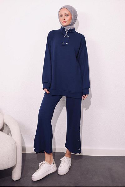 TRENDTESETTÜR Γυναικείο Σετ με Πλεκτό Παντελόνι Navy Blue - T 9064