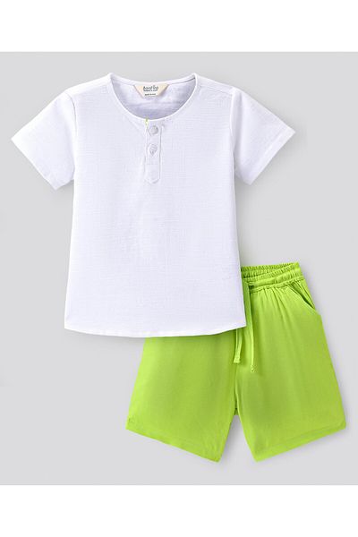 Bonfino Cotton Woven Half Sleeves Solid T-Shirt & Shorts Set - Neon Green & White