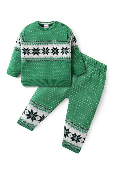 Babyhug Knit Full Sleeves Sweater & Pants Set with Intarsia Design -Light Green