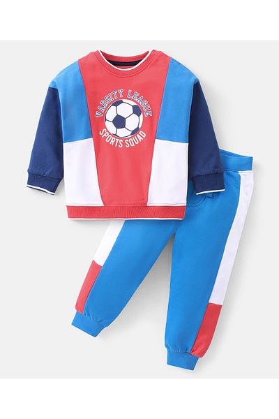 Babyhug 100% Cotton Knit Full Sleeves T-Shirt & Lounge Pant With Text Print - Red & Blue