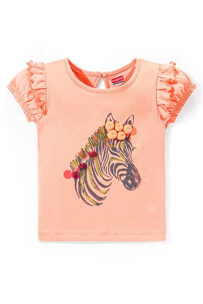 Babyhug 100% Cotton Half Sleeves Top & Skirt with Frill Detailing Zebra Print - Peach & Orange