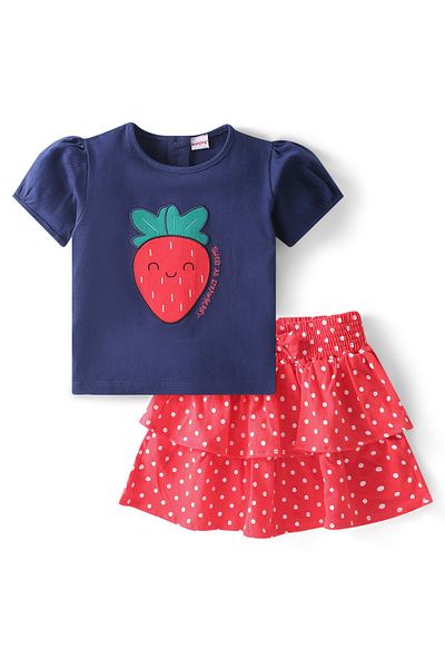 Babyhug Half Sleeves Strawberry Patch Top & Polka Dotted Layered Skirt - Navy Blue & Red