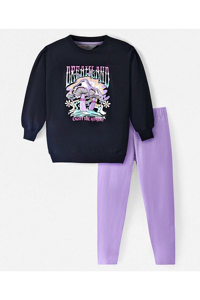 Primo Gino 100%Cotton Knit Full Sleeves Sweatshirt & Leggings Set with Mushroom Print-Black & Purple