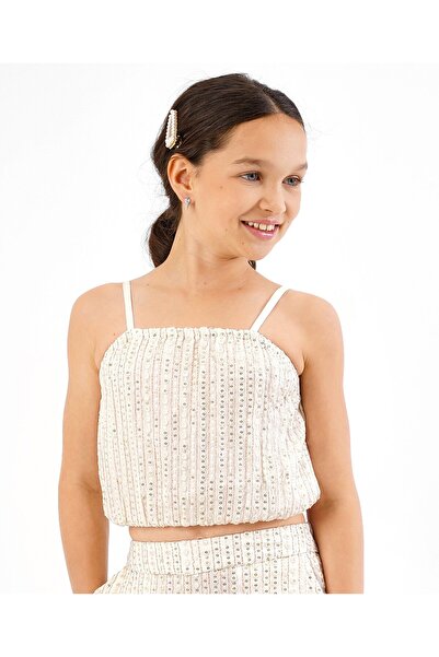 Primo Gino Viscose Sleeveless Sequin Embroidered Strappy Top- Off White
