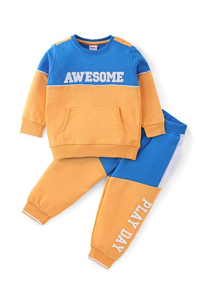 Babyhug 100% Cotton Knit Full Sleeves Embroidered T-Shirt & Lounge Pants - Orange & Blue