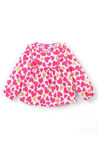 Babyhug 100% Cotton Knit Full Sleeves Top & Lounge Pant Heart Print - Pink