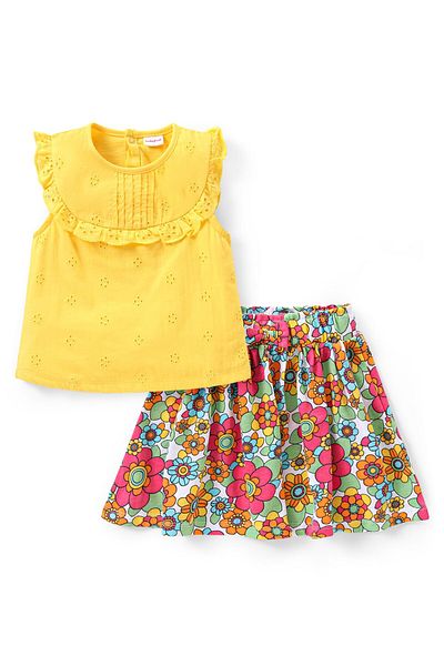 Babyhug Single Jersey Knit Frill Sleeves Schiffli Top & Skirt Set With Floral Print - Multicolor