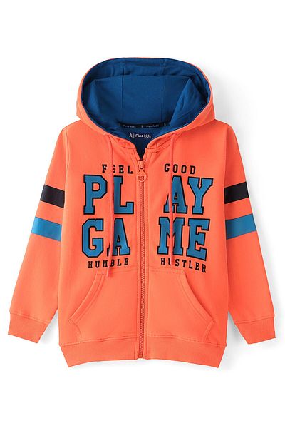 Pine kids 100% Cotton Knit Full Sleeves Hooded Biowashed Sweatshirt Text Print - Nasturtium