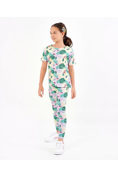 Primo Gino Cotton Elastane Half Sleeves Top & Leggings/Co-ord Set Floral Digital Print- Green & Pink