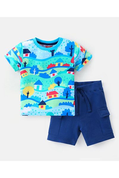 Babyhug Single Jersey Knit Half Sleeves T-Shirt & Shorts Set with Town Print - Blue