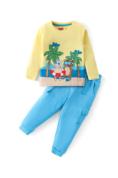 Babyhug Cotton Knit Full Sleeves T-Shirt & Lounge Pants Set With Beach Animals Print - Yellow & Blue