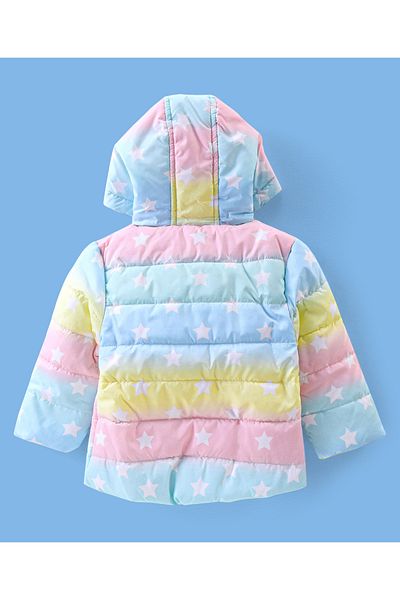 Babyhug Full Sleeves Hooded & Padded Jacket With Ear Applique Stars Print- Pink Yellow & Blue