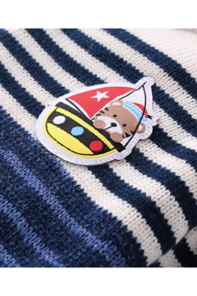 Babyhug Knitted Full Sleeves Hooded Sweater Stripes & Boat Patch - Red Blue & White