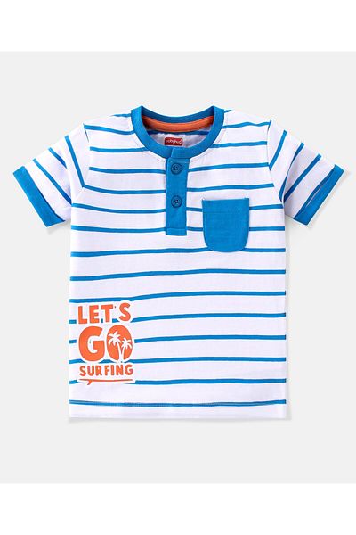 Babyhug 100% Cotton Knit Single Jersey Half Sleeves T-Shirt & Shorts Text  & Striped - White & Blue