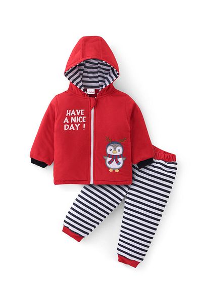 Babyhug طقم سويت شيرت وبنطلون رياضي بأكمام طويلة من القطن المحبوك مع تطريز البطريق - أحمر
