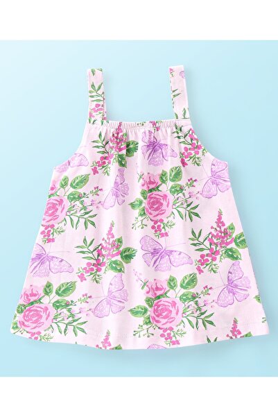 Babyhug 100% Cotton Knit Singlet Sleeves Top & Skirt Set Floral Print - Pink