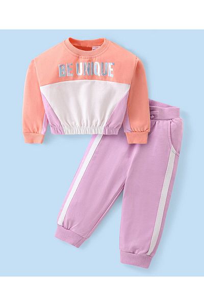 Babyhug Terry Knit Full Sleeves Top & Pants Set With Text Print - Pink & White