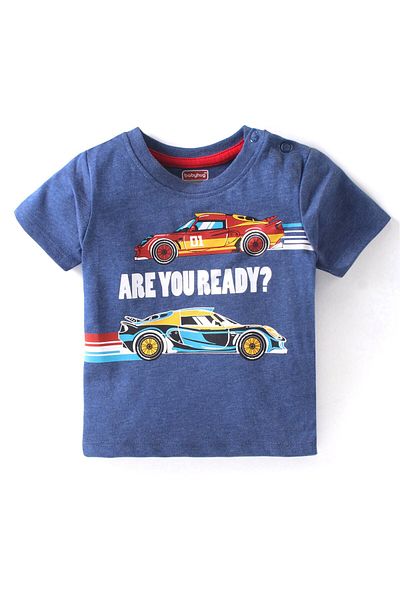 Babyhug Single Jersey Knit Half Sleeves T-Shirt & Shorts Set With Car Print - Blue & Red