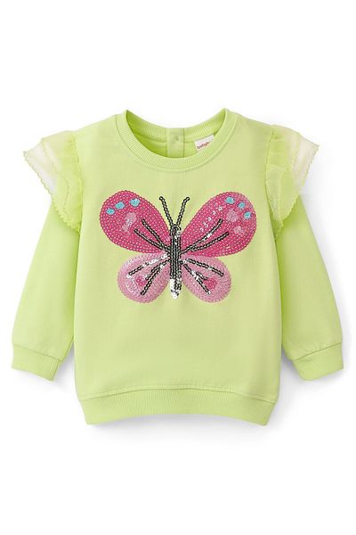 Babyhug Cotton Full Sleeves Butterfly Sweatshirt With Sequins & Mesh Frill Detailing- Lime Green