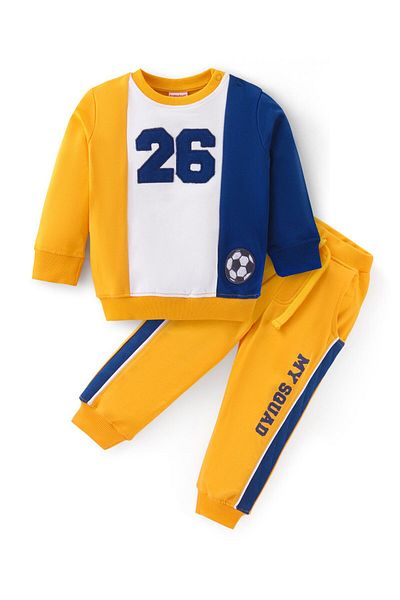 Babyhug Cotton Terry Knit Full Sleeves T-Shirt & Lounge Pants/Co-ord Set  - Blue & Yellow