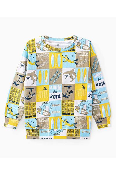 Ollington St. Ollington St. 100% Cotton Knit Full Sleeves Sweatshirt & Joggers Set Beach Theme Print-White & Blue