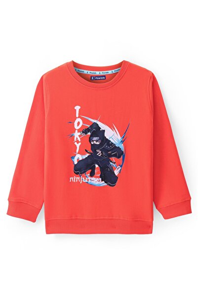 Pine kids سويت شيرت قطني بأكمام طويلة وطبعة نينجا - أحمر