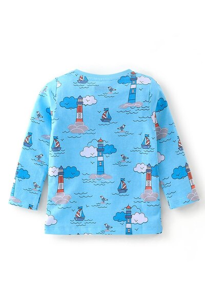 Babyhug Babyhug Cotton Knit Full Sleeves Light House Graphics T-Shirt - Blue