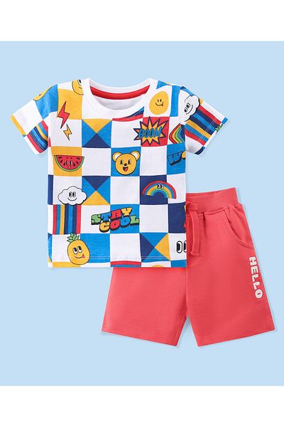 Babyhug 100% Cotton Single Jersey Knit Half Sleeves T-Shirt & Shorts Set Rainbow & Bear - MultiColor