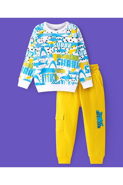 Ollington St. Ollington St. 100% Cotton Knit Full Sleeves Sweatshirt & Joggers Set With Sharks Print-Yellow & Blue