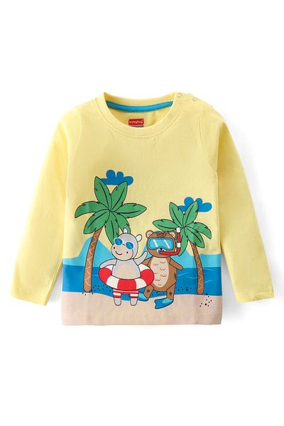 Babyhug Cotton Knit Full Sleeves T-Shirt & Lounge Pants Set With Beach Animals Print - Yellow & Blue