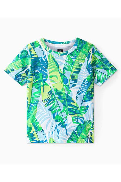 Ollington St. Ollington St. 100% Cotton Knit Half Sleeves T-Shirt & Denim Shorts Set with Leaf Print- White & Blue