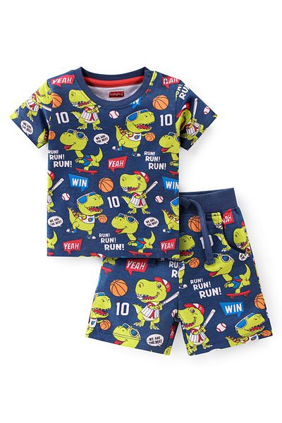 Babyhug 100% Cotton Knit Single Jersey Half Sleeves T-Shirt & Shorts/Co-ord Set Dino Print-Navy Blue