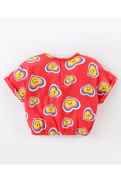 Babyhug Cotton Knit Drop Shoulder Sleeves Top & Denim Skirt Set With Hearts Print - Red & Blue