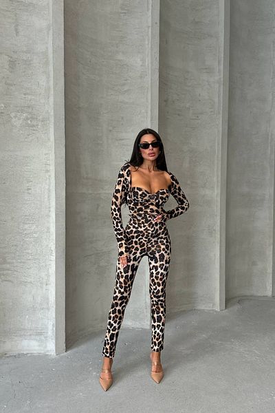 Love Fab Leopard Sexy Jumpsuit with Square Neck Breasted Glops