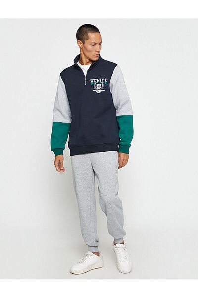 Koton Color Block Printed College Sweatshirt - Stand Collar and Half Zip