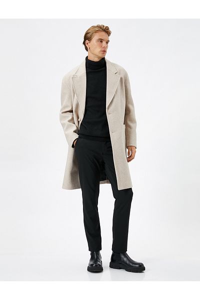 Koton Long Coat Button Detailed Wide Collar Pocket