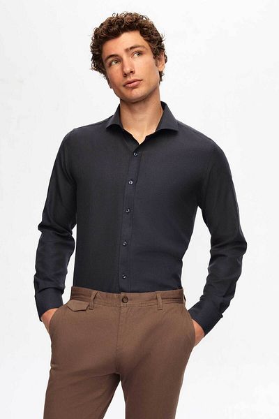 D'S Damat Italský límec Slim Fit v námořnické modré - Slim Fit Kravata s dlouhým rukávem se snadno žehlí