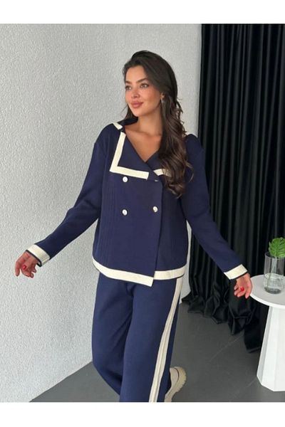 Scbutik Women's Knitwear Set Gold Buttoned Stripe Detailed Cardigan and Palazzo Trousers