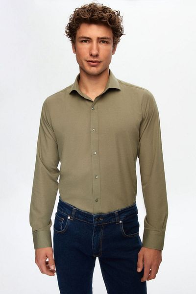D'S Damat Khakifarbene Slim-Fit-Krawatte mit italienischem Kragen, lange Ärmel, leicht zu bügeln, atmungsaktiv